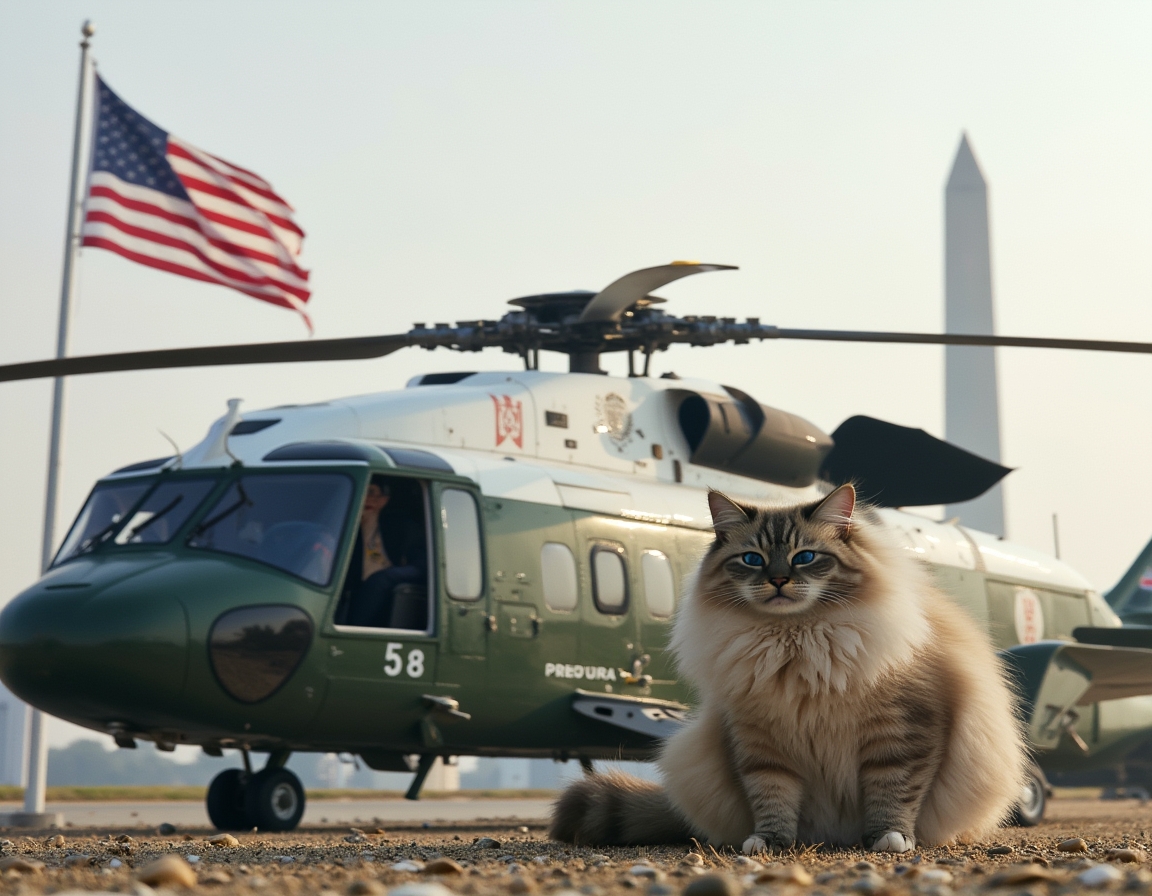 Cat braves the rotor wash beside Marine One, capturing a thrilling presidential travel send-off.